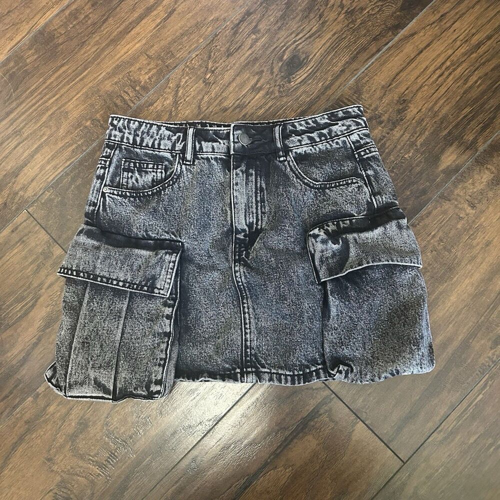 Urban Revivo Skirt Womens 4 Acid Wash Black Denim Cargo Y2K Grunge 90s